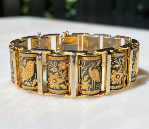 VINTAGE MID CENTURY SPANISH DAMASCENE BIRDS & FLOWERS PANEL BRACELET SPAIN 7" NR