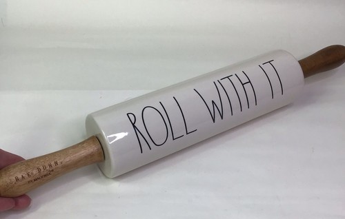 Rae Dunn Ceramic Rolling Pin ROLL WITH IT Wooden Handles EUC