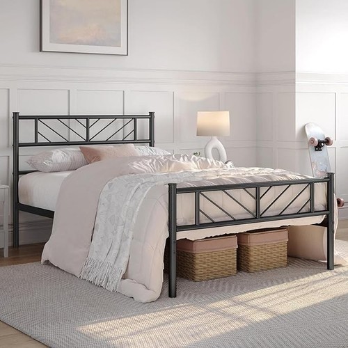 Double Bed Frame Metal Slatted Bed Base Solid Mattress Foundation with Headboard - Picture 21 of 23