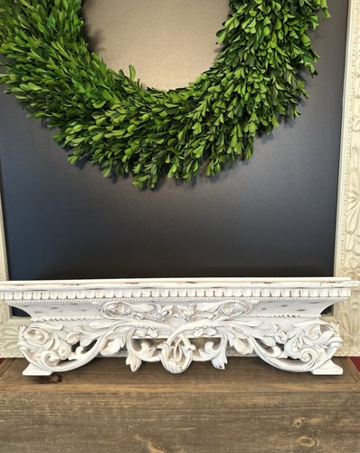 Farmhouse/French Country White Distressed Floating Carved Ornamental Wall Shelf - Picture 4 of 17