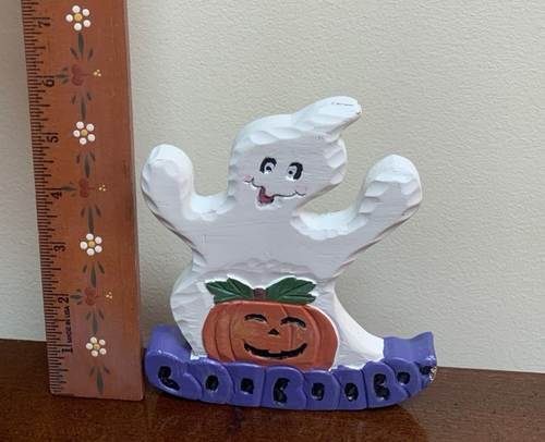 Estatuilla de madera pintada a mano Boo Halloween fantasma blanco calabaza estante cuidador - Imagen 2 de 6