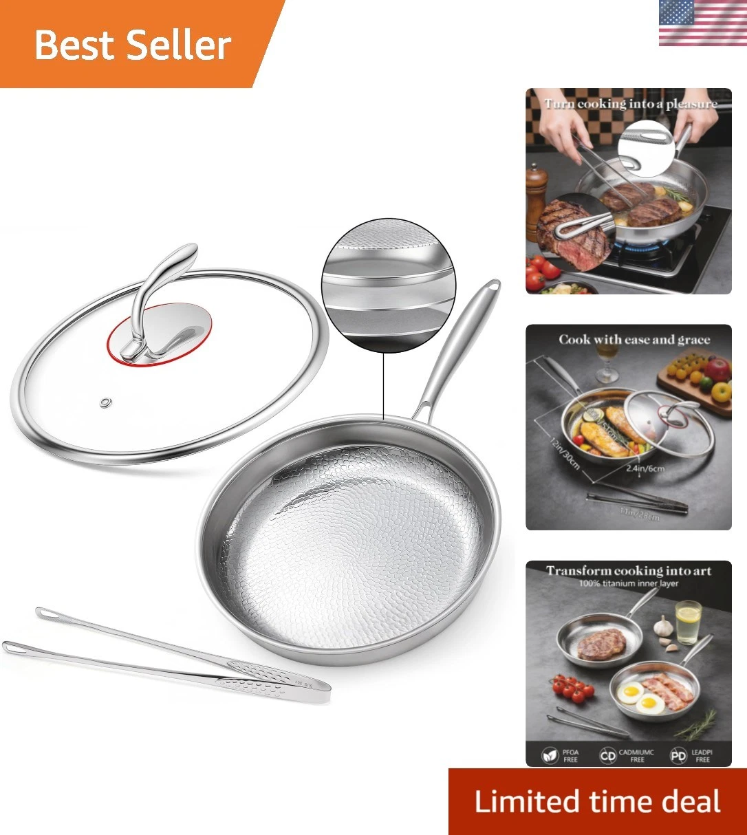 12 Inch Titanium Nonstick Frying Pan, 5-Layer Hammered Titanium-Alloy Skillet...