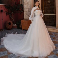 High Neck Tulle Wedding Dresses Long Sleeve Appliques Backless Bridal Gowns New