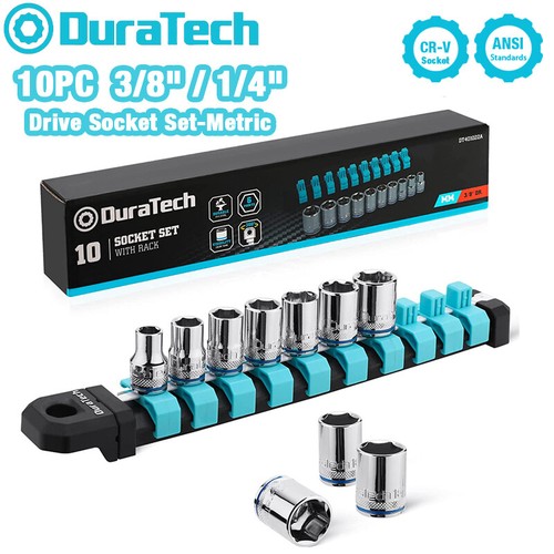DURATECH 10PC 1/4'' 3/8" Drive Socket Set Mechanic Metric w/Storage Rack Plastic - Picture 1 of 15