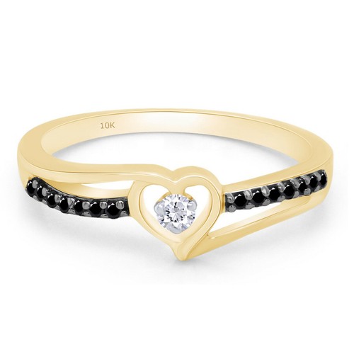 0.10 CT Natural Diamond Black & White Heart Promise Ring 10K Solid Gold - Picture 15 of 42