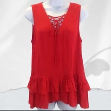 RO&DE Women's Red Criss Cross Front Sleeveless Ruffle Blouse Tier Hem Size L