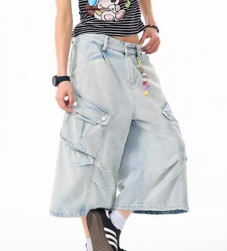 Men's Light Blue Denim Jeans Cargo Pockets Wide Leg Punk Loose Fit Shorts Hippie - Picture 7 of 8