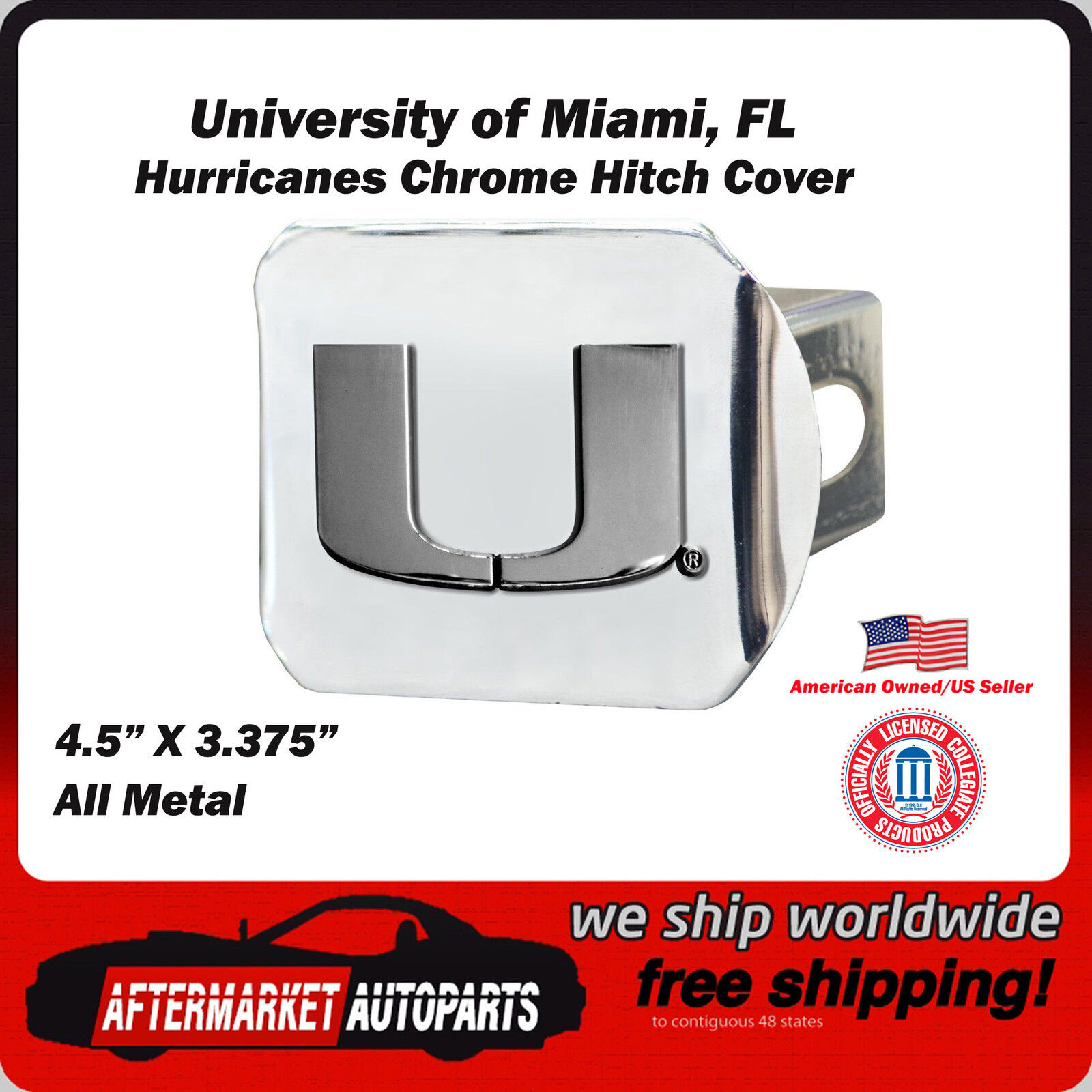 Hurricanes Chrome 最安値級価格 Tow Hitch Cover Miami of NCAA Fits 通販 激安 University