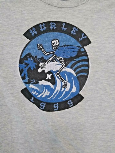 Hurley 1999 Graphic T Shirt Size XL 13-15 Yrs. Gray Cotton Skeleton On Wave Blue - Picture 1 of 8
