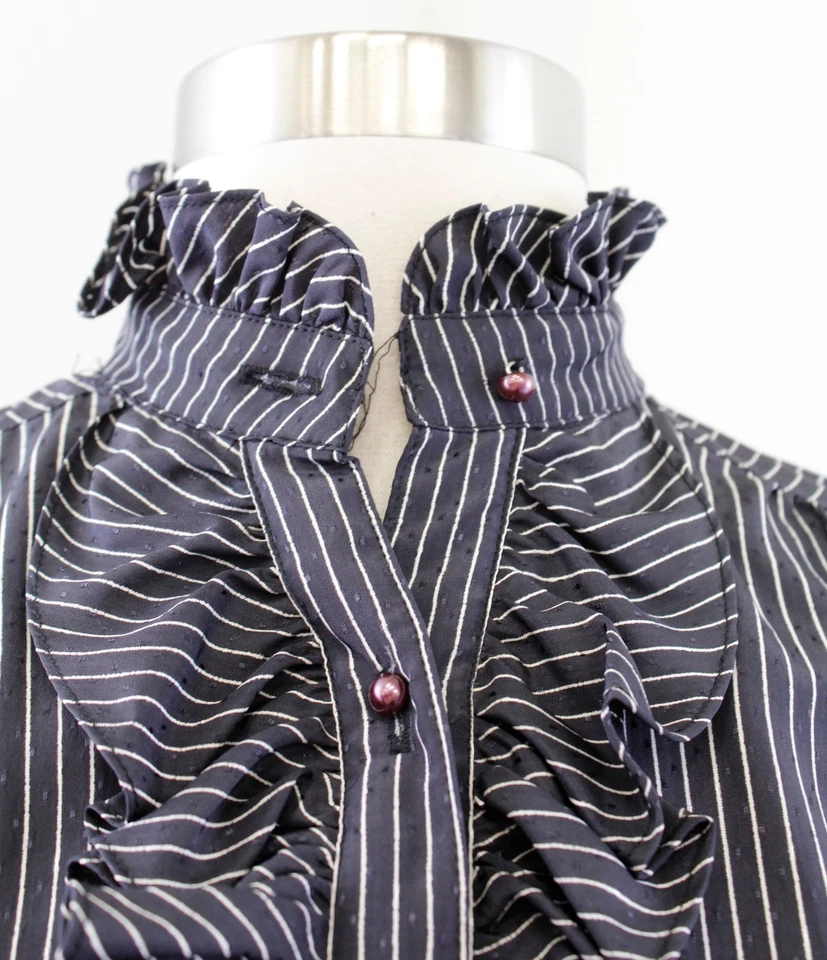 Vestido Camisa De Colección Años 80 90 Negro Rayas Volantes Manga Abullonada Talla 5/6 Cuello Simulado Foto 3 de 4