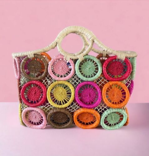 HAT ATTACK Large Medallion Straw Woven Basket Tote Bag 18X15