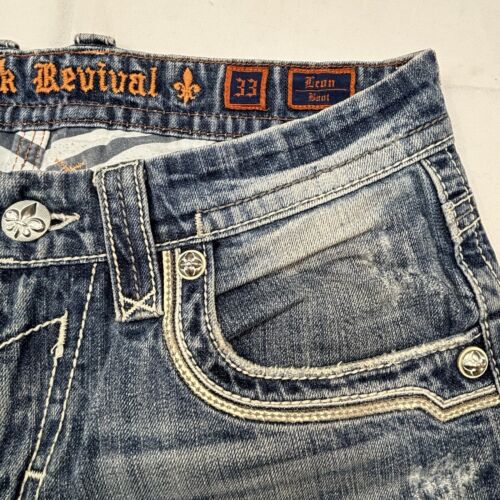 Rock Revival Leon Boot Jeans Men 33x33 Flap Pockets Buckle Distressed Cowboy - Picture 13 of 20