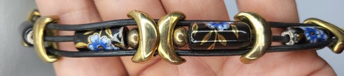 Vintage Choker Necklace Ceramic Floral Beads Gold Tone Moons Faux Leather? - Picture 8 of 17