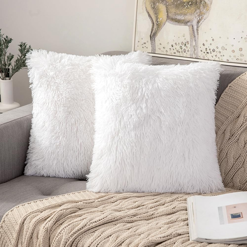 Pack of 2 White Throw Pillow Covers Luxury Fluffy Pillows Faux Fur Decorative Pi - Picture 8 of 12