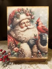 Santa with Cardinal, Red Bird,  Christmas Handcrafted Plaque / Sign #1
