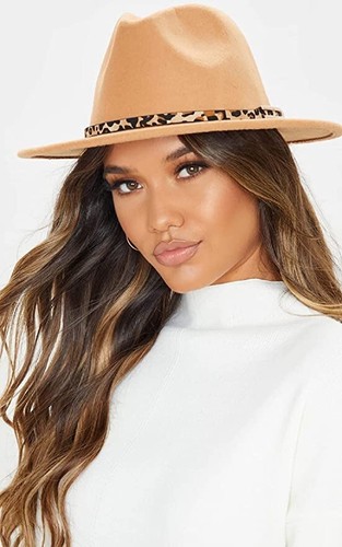 Women's Fefora Hat Wide Brim Felt Panama Hat Leopard Belt One Size - Picture 4 of 7