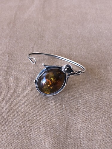 Vintage Cognac With Yellow Amber Lilly Sterling Silver 925 Cuff Bracelet 17.2 G - Picture 13 of 15