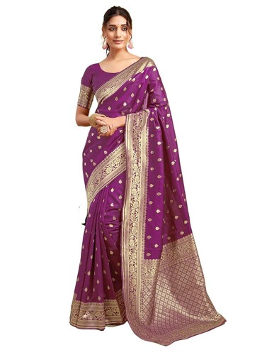 Sari de seda suave Banarasi para mujer seda pura con pieza blusa sin costuras - Imagen 41 de 64