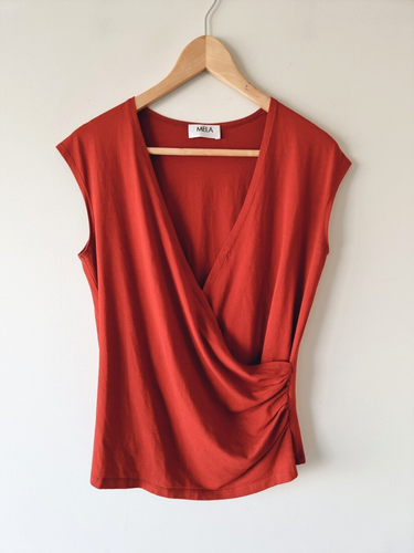 MELA PURDIE Red Sleeveless Faux Wrap Stretch Jersey Top SIZE 10 - Picture 1 of 5