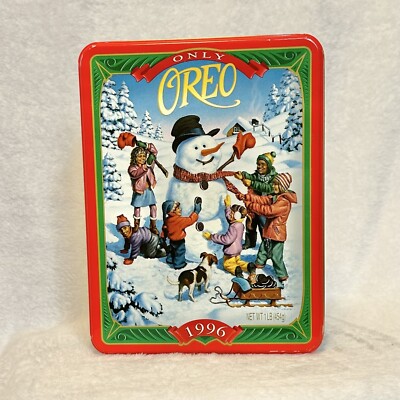 Vintage Nabisco Oreo Christmas Cookie Tin, 1996 Snowman 8 X6  red trim
