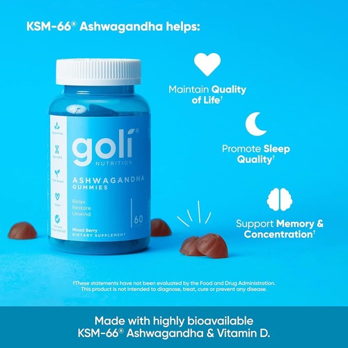 Goli Ashwagandha & Vitamin D Gummy - 180 Count. Non-GMO, Gluten-Free. Pack of 3* - Picture 7 of 24