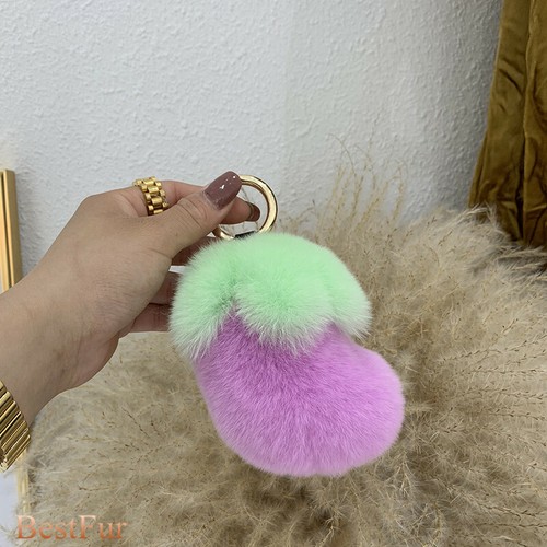 Real Rabbit Rex Fur Eggplant Keyring Toy Pompom Ball Bag Car Phone Pendant Gift - Picture 4 of 18