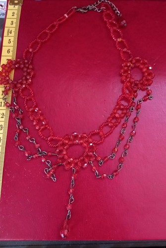 VINTAGE VICTORIAN Style Fringe Necklace Faceted Bead/Seed Bean 70/80s Red Lovely - Picture 12 of 12