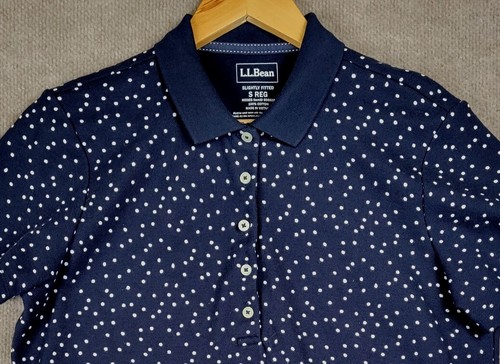LL BEAN Shirt Women's Small Polo Blue White Polka Dots Casual Top Collar Stretch - Picture 4 of 9