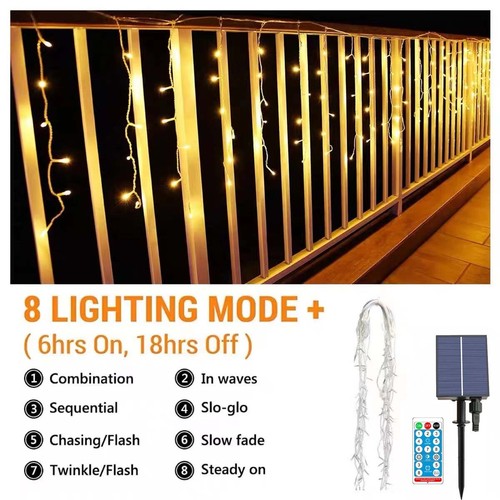 Solar Power LED Icicle String Lights Outdoor Curtain Christmas Home Garden Deco - Picture 9 of 12