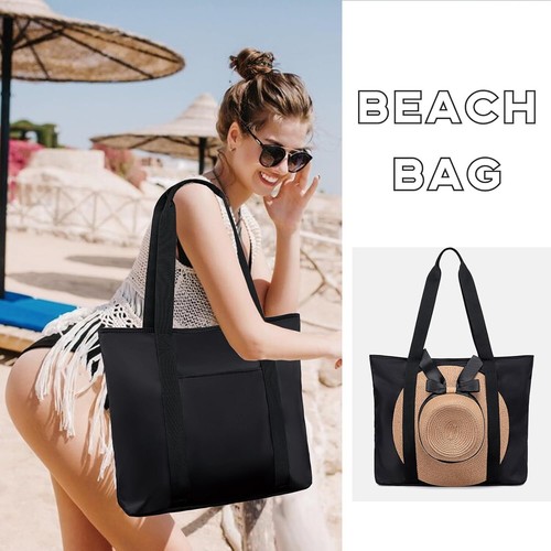 Large Beach Tote Bag Women Waterproof Beach Bag Sandproof Pool Bag Black Solid - Picture 2 of 11