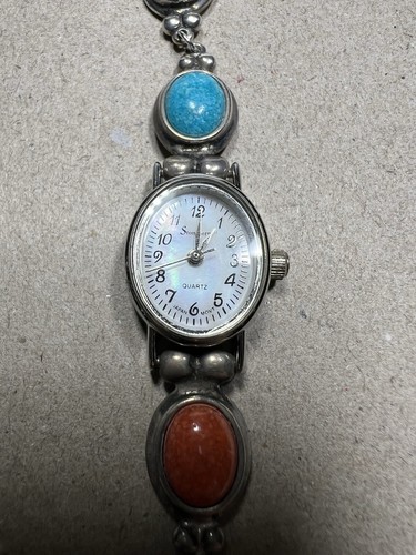 Southwest Sterling Silver Toggle Bracelet Style Watch Malachite Coral Turquoise - Picture 8 of 9