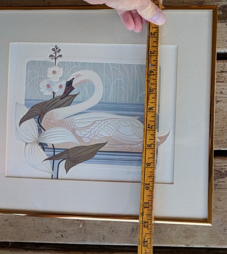 Harry Wysocki Print Swan Birds Kitschy 1980's Flea Market White Blue Vintage #2 - Picture 11 of 12