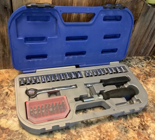 New Socket Set 55 PCS 1/4" Drive, Metric and SAE, Shallow-Various Tips-Rachets