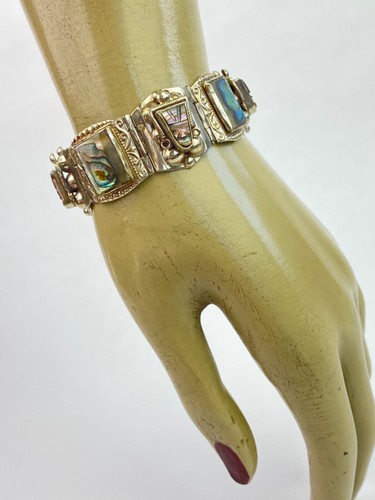 MEXICO Chunky Bracelet Alpaca Silver Tone Abalone Tribal Link - Picture 15 of 16