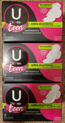 3x U by Kotex Teen Extra Absorbency Ultra Thin Pads Uniquely Sized For Teens 