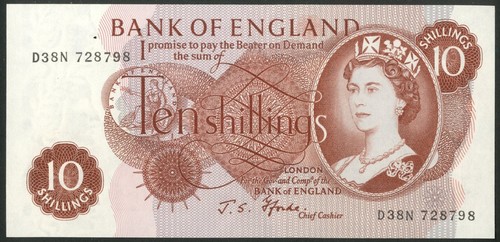 Bank of England, J.S. Fforde, 10 shillings, [1967], D38 series, last run, AUNC - Picture 1 of 2