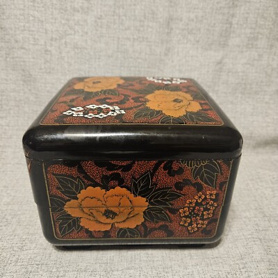 Vintage Jewelry Box Black Asain  FloralTwo Sections Plus Lid Trinkets Decor 