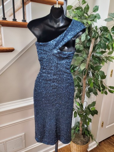 Allen Schwartz Women Blue Sequin Nylon One Shoulder Knee Length Dress X-Small - Picture 6 of 9