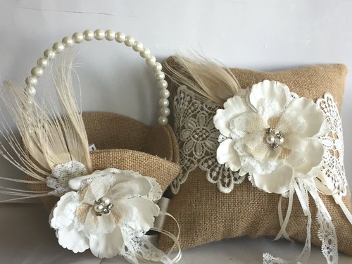 Burlap and Lace Flower Basket and Ring Pillow Set - Picture 8 of 8