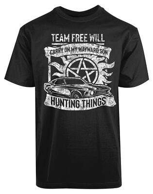 Team Free Will Carry On My Wayward Son Hunting Things New Men's Shirt Casual Tee