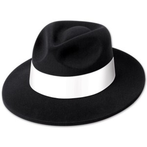 black trilby hat with white band