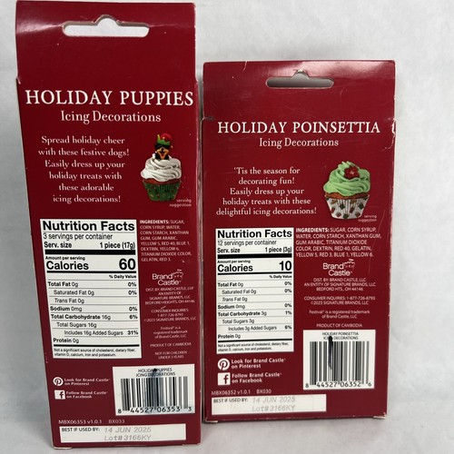 Brand Castle Holiday Puppies & Poinsettias Icing Decorations Cake Cupcakes 15 Pc - Picture 9 of 14