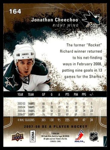 2007-08 Upper Deck Be a Player GOLD Jonathan Cheechoo 09/99 San Jose Sharks #164 - Picture 2 of 2