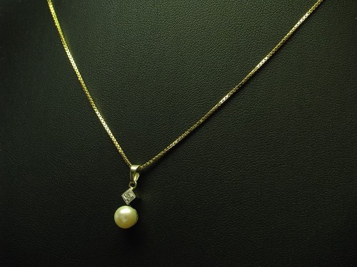 Cadena de oro bicolor 14kt 585 y colgante con diamante y perlas Akoya relleno / 50cm - Imagen 2 de 6