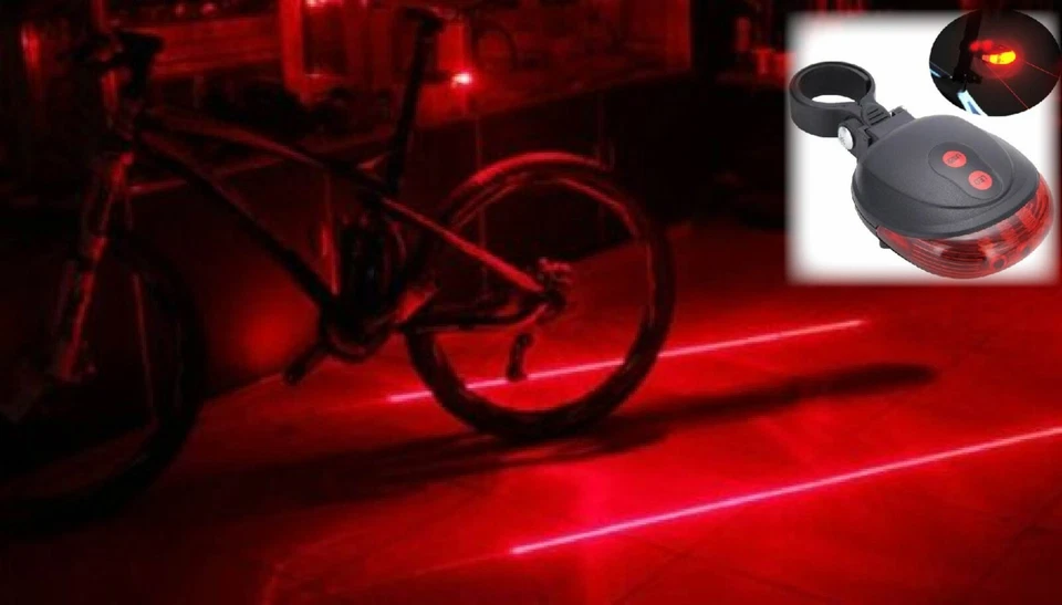 Fanale posteriore bici laser linee segnalazione luce rossa 5 led pile incluse - Immagine 2 di 2