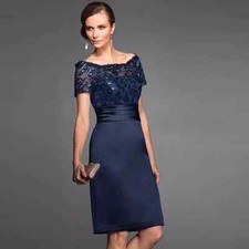 Dark Blue Mother of The Bride Dress Round Neck Hat Sleeve Chiffon Evening Gowns