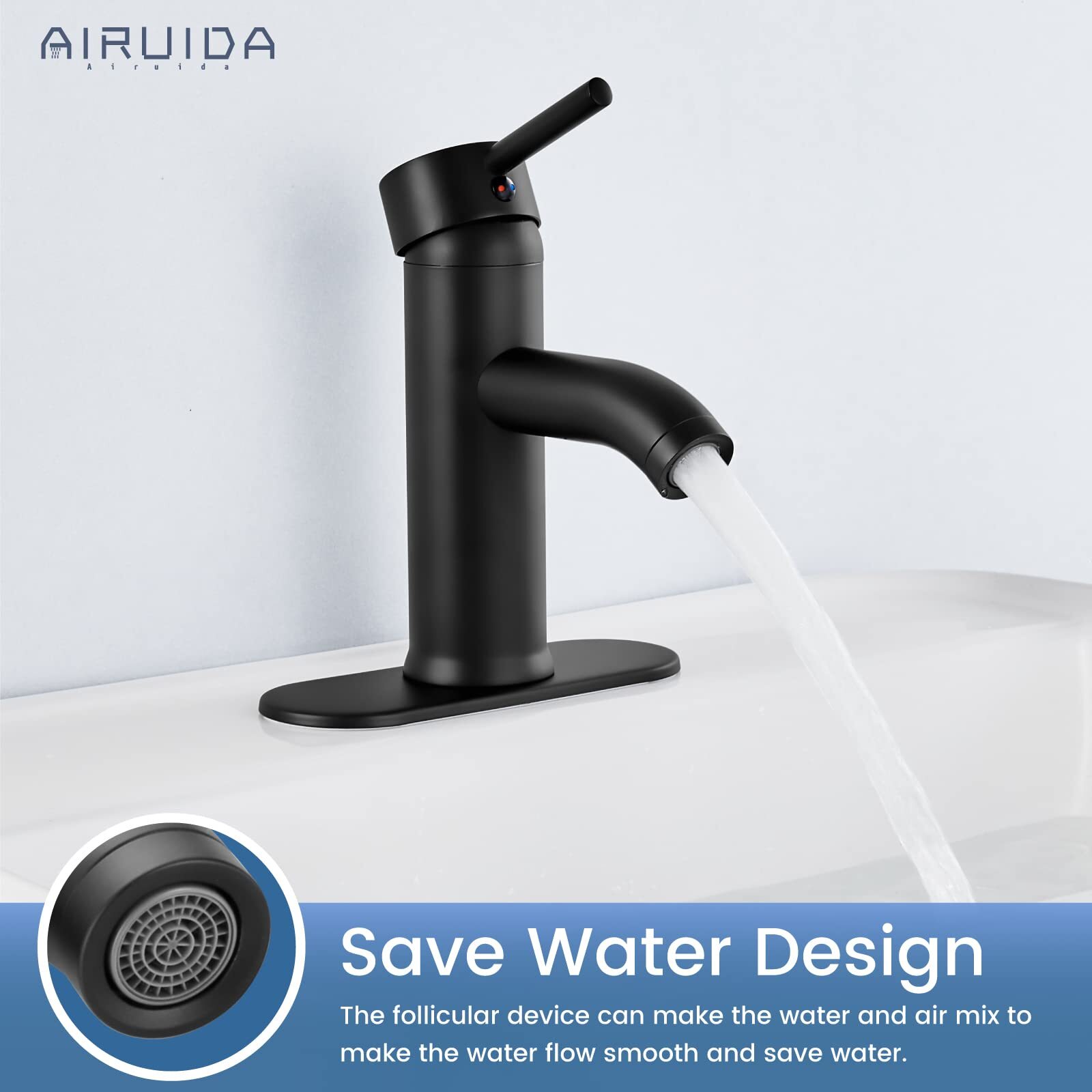 Airuida Matte Black Single Handle Bathroom Sink Faucet, Single Hole