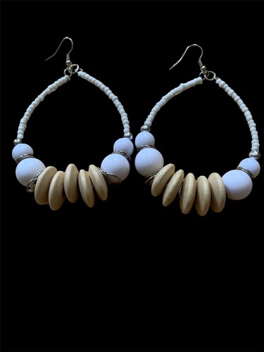 Women's Fashion Tan Statement Beaded Oval Round Hoops Style Earrings Jewelry - Picture 7 of 8