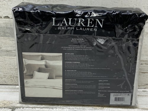 Ralph Lauren Spencer Border Queen Sheet Set 4pc White / Grey Cotton 300 TC New - Picture 4 of 7