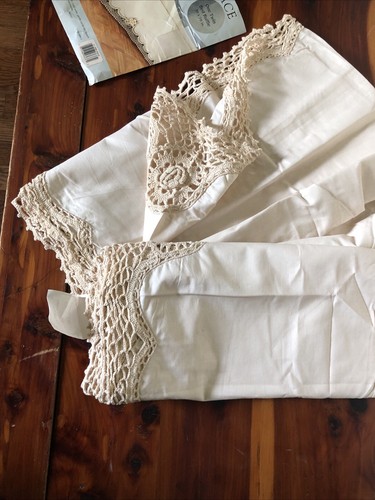 Twin Bed Skirt Dust Ruffle 100% Cotton Handmade Crochet Lace Trim Beige NOS - Picture 5 of 5